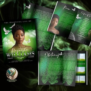May include: A green and black funeral program with a photo of a woman and the text "The Beautiful Life of Raynesha Williams". The program includes an obituary, poem, and offer of sympathy.