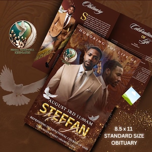 May include: A funeral program template with a gold and brown color scheme. The program features a photo of a man in a suit, a dove, and the text "Honoring the Life of Steffan". The program also includes the date and time of the funeral service, the name of the church, and the address. The program is 8.5 x 11 inches.