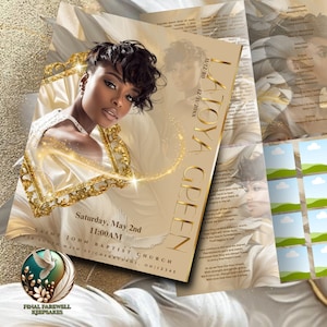 May include: A gold and white funeral program with a photo of a woman in a gold frame. The program includes the name LATOYA GREEN, the date of the funeral, and the name of the church. The program also includes a poem about grief and loss.