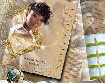 May include: A gold and white funeral program with a photo of a woman in a gold frame. The program includes the name LATOYA GREEN, the date of the funeral, and the name of the church. The program also includes a poem about grief and loss.