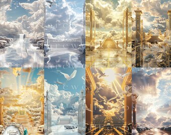 Pearly Gates Heaven Backdrop, Majestic Angelic Gate With Clouds