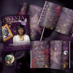 Könnte beinhalten: Ein lila- und goldfarbenes Trauerprogramm mit einem Foto von Sylvia Johnson und dem Text "SYLVIA Johnson" und "February 16, 2021 ABYSSINIAN BAPTIST CHURCH 112 ODELL CLARK PL NEW YORK NY 10030".