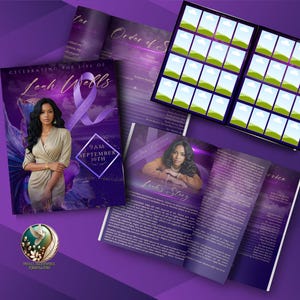 May include: A purple and white memorial booklet featuring a photograph of a woman on the front cover. The cover reads "Celebrating the Life of Leah Wells" and "9 AM September 30th".