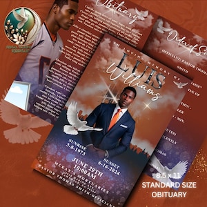 May include: A memorial obituary design featuring a portrait of a man in a suit, with the name "Luis Williams" prominently displayed. The design includes doves, dates, and the text "In Loving Memory Of". The obituary is 8.5 x 11 inches.