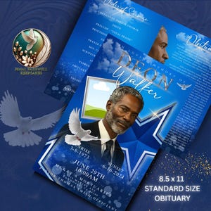 Standaard 8,5 x 11 inch | Blauw| Sjabloon| Doodsbrief | Begrafenis | Doodsbrief | Herinneringen | Rust in vrede| Canva PRO