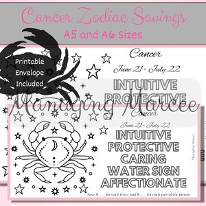 Cancer Zodiac Savings Challenge - Color and Save - Pick Your Amount to Save - Dave Ramsey Inspired - Debt Payoff - Printable Envelope