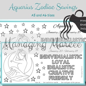 Zodiac Aquarius Savings - Cash Stuffing Zodiac - Savings Challenge - Pick Your Amount to Save - Color and Save - Printable Envelope Included