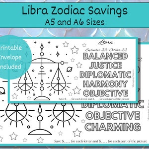 Puede incluir: Una página para colorear imprimible que presenta un signo del zodíaco Libra con un diseño de balanza. La página incluye el texto "Libra" y "23 de septiembre - 22 de octubre" junto con las palabras "Equilibrado, Justicia, Diplomático, Armonía, Objetivo". También se incluye el texto "Ahorra ... € por cada letra y ... € por cada parte de la imagen".