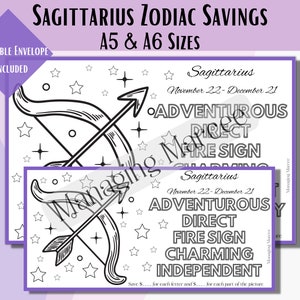 May include: Black and white printable coloring page featuring a Sagittarius zodiac sign with an arrow and bow. The text "Sagittarius" and "November 22 - December 21" is included. The words "Adventurous", "Direct", "Fire Sign", "Charming", and "Independent" are listed below the zodiac sign.