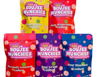 Boujee Munchies Sour Gushertz, Blaue Himbeere, Wassermelone, Mango, Traube, Erdbeerlimonade