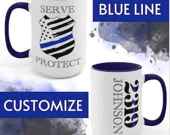 Police Mug Blue Line Custom/Personalized | Police Gift | Serve & Protect | Number and Name Two-Tone Coffee Mugs, 15oz