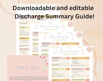 May include: A printable discharge summary guide template with a pink floral design. The template includes sections for patient information, presenting problems, nursing care, social services, transportation, and follow-up.