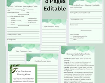 May include: A printable care conference planning guide with a green watercolor background. The guide includes sections for resident information, IDT team members, discussion points, therapy/hospice goals, nursing goals, care conference notes, social service goals, discharge plan/referrals needed, life enrichment goals, dietary goals, and items provided. The guide also includes a discussion guide/talking points section with bullet points for introduction of the team, nursing, therapy, hospice, social services, dietary, and life enrichment.