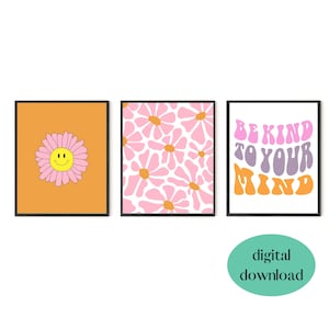 Be Kind to Your Mind Pink and Orange Retro Wall Set / Wall Decor / Dorm Décor