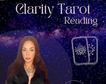 May include: A woman with long dark hair is wearing a black shirt and looking directly at the camera. The background is a dark blue with white stars and a galaxy design. The text "Clarity Tarot Reading" is at the top of the image. Two tarot cards are shown in the upper right corner of the image.