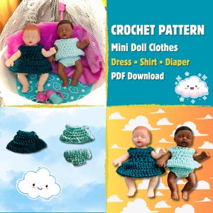 Peut inclure: Image de deux poupées habillées de tenues crochetées. L'une porte une robe bleu foncé, l'autre un ensemble chemise et couche bleu clair. Le texte "CROCHET PATTERN Mini Doll Clothes Dress - Shirt - Diaper PDF Download" est également visible.