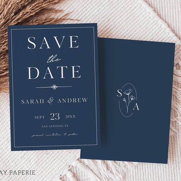 Navy Blue Save the Date Card Template | Instant Download Editable Save the Date | Classic Minimalist Dark Blue Save our Date Cards