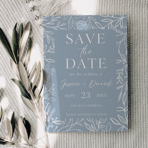 Modèle de carte « faites gagner la date » de couleur bleu | Téléchargement instantané Modifiable | postales bleu clair faites gagner notre date | Carte de mariage Verdure Vignes