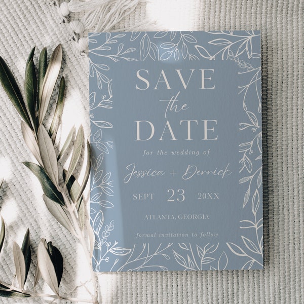 Dusty Blue Save the Date Card Template | Instant Download Editable | Light Blue Save our Date Postcards | Greenery Vines Wedding Card