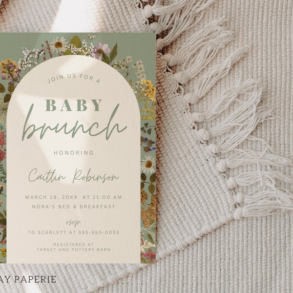 Boho Baby Brunch Invitation Template | Bohemian Baby Shower Invite Instant Download Editable | Dried Flowers Baby Sprinkle Sage Green