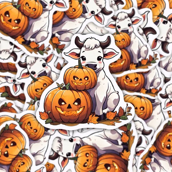 Cute Fall Halloween Mini Jack o Lantern Cow Sticker | Water Bottle Laptop PC iPad Tablet