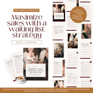May include: A guidebook and workbook titled "Maximize sales with a waiting list strategy" with a blue background and white text. The guidebook features a blueprint for maximizing sales with a waiting list strategy. The workbook includes a series of worksheets to help you implement the strategy. The cover image features a group of people laughing and toasting with champagne.