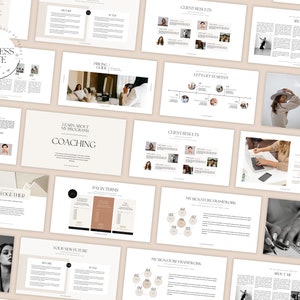 May include: A beige and white digital marketing coaching program brochure with images of women and text that reads "The Business Suite", "Learn About My Programs", "Coaching", "Client Results", "Let's Work Together", "Pay In Terms", "My Signature Framework", "About Me", "Let's Get Started", "The Bonuses", "Extra's".