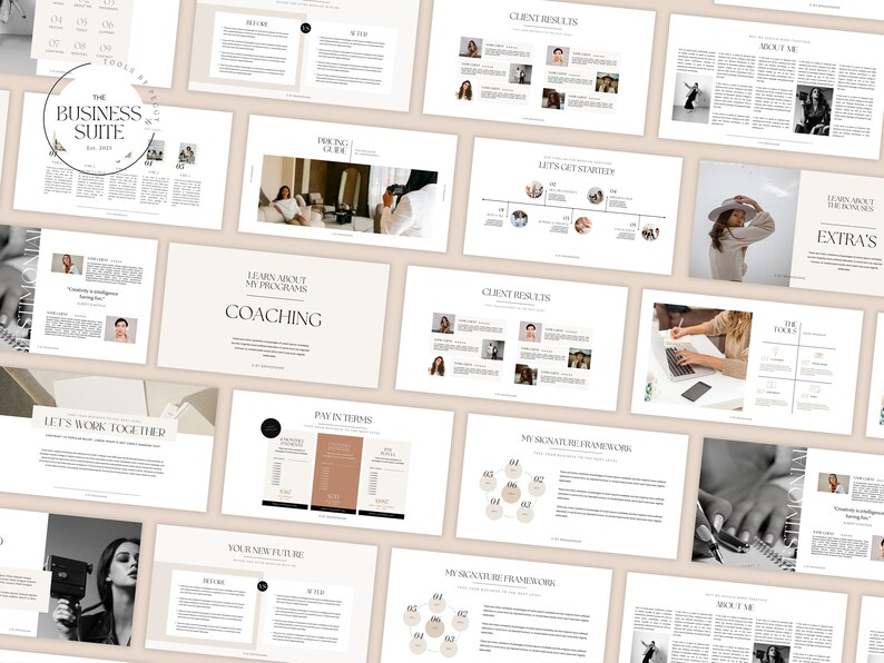May include: A beige and white digital marketing coaching program brochure with images of women and text that reads "The Business Suite", "Learn About My Programs", "Coaching", "Client Results", "Let's Work Together", "Pay In Terms", "My Signature Framework", "About Me", "Let's Get Started", "The Bonuses", "Extra's".