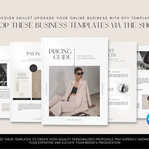 May include: Four business templates with a minimalist design. The templates are for a pricing guide, a pay-in plan, a client results page, and a client testimonials page. The templates feature a neutral color palette with black text and a woman in a beige blazer and sunglasses.