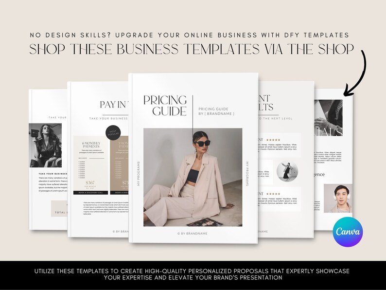May include: Four business templates with a minimalist design. The templates are for a pricing guide, a pay-in plan, a client results page, and a client testimonials page. The templates feature a neutral color palette with black text and a woman in a beige blazer and sunglasses.
