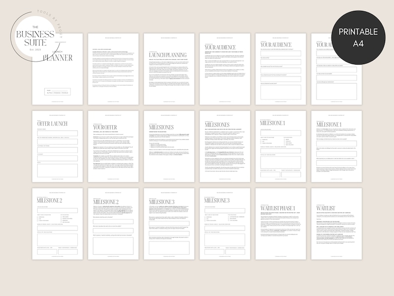 May include: A printable A4 worksheet for planning a business launch. The worksheet includes sections for defining your audience, launch planning, milestones, and a waitlist.