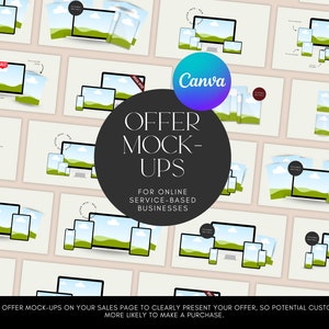 Può includere: Una collezione di mockup per aziende di servizi online. I mockup presentano vari dispositivi, tra cui laptop, tablet e smartphone, che mostrano un sito web con uno sfondo di paesaggio verde e blu. Il testo "OFFER MOCK-UPS" è visualizzato in un grande cerchio nero.