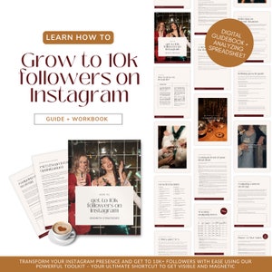 Może przedstawiać: Przewodnik i zeszyt ćwiczeń zatytułowany "Jak zdobyć 10 000 obserwujących na Instagramie: Strategie wzrostu". Okładka przedstawia trzy kobiety świętujące z konfetti i szampanem. Przewodnik zawiera cyfrowy zeszyt ćwiczeń i arkusz kalkulacyjny, który pomoże Ci zwiększyć liczbę obserwujących na Instagramie.