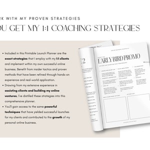 May include: A black and white printable launch planner with the text "Early Bird Promo" and a checklist for promoting early bird sales. The planner includes sections for social media posts, collaborations, write down more options, and action plan.