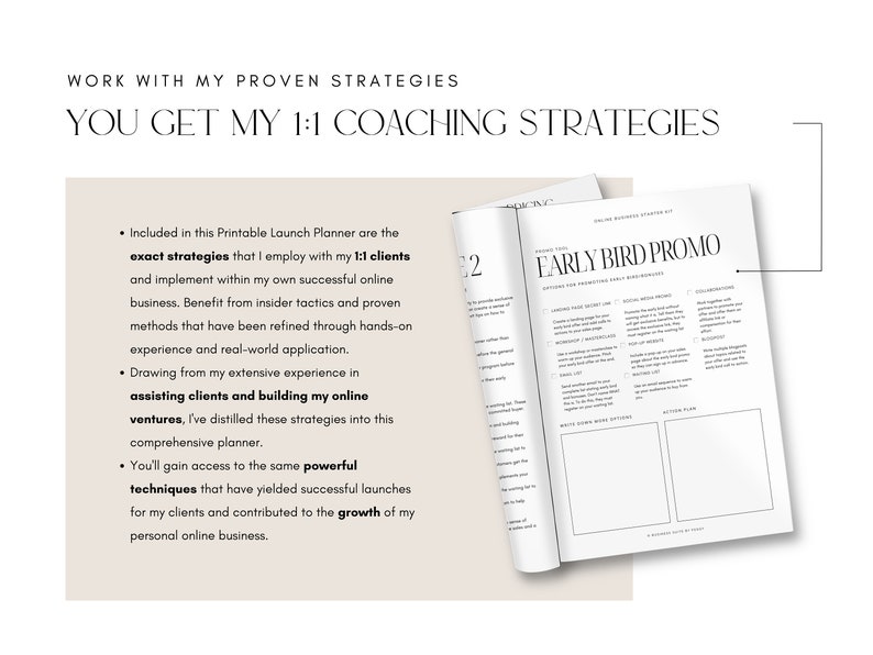 May include: A black and white printable launch planner with the text "Early Bird Promo" and a checklist for promoting early bird sales. The planner includes sections for social media posts, collaborations, write down more options, and action plan.