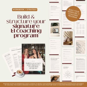 Peut inclure: Un guide de stratégie et un cahier d'exercices pour créer un programme de coaching 1:1 unique. La couverture présente une photo de deux femmes célébrant avec des confettis, et le titre "Construire et structurer votre programme de coaching 1:1 unique" est écrit en gras, en blanc.