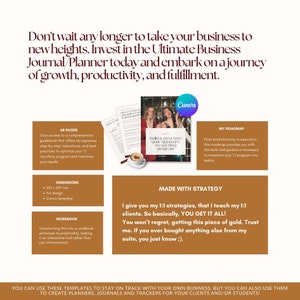 May include: A brown and gold digital marketing planner with the text "Build & Structure Your Signature 1:1 Coaching Program" and "Made With Strategy". The planner includes 68 pages, a workbook, and a roadmap for creating a coaching program.