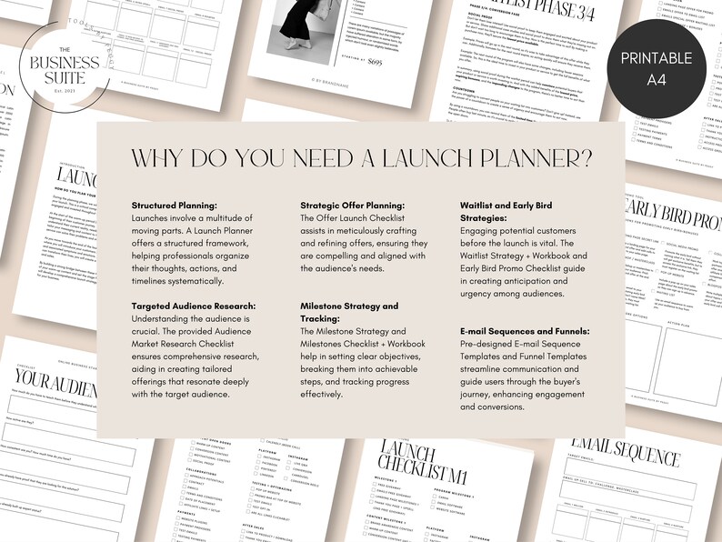 May include: A printable checklist for planning a product launch. The checklist includes sections for structured planning, targeted audience research, strategic offer planning, milestone strategy and tracking, waitlist and early bird strategies, and email sequences and funnels. The checklist is designed to help businesses launch new products successfully.