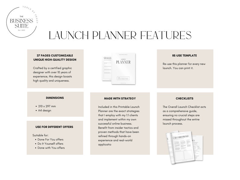 May include: A printable launch planner with 37 pages, designed to help you plan and launch your products. The planner includes checklists, strategies, and templates for different types of offers. The planner is 210 x 297 mm (A4 size) and can be reused for multiple launches.