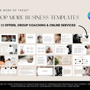 May include: A collection of business templates for 1:1 offers, group coaching, and online services. The templates feature a minimalist design with a neutral color palette of beige and white. The templates include sections for "Name Group Program", "Guest Experts", "Money & Services", and "Bonuses".