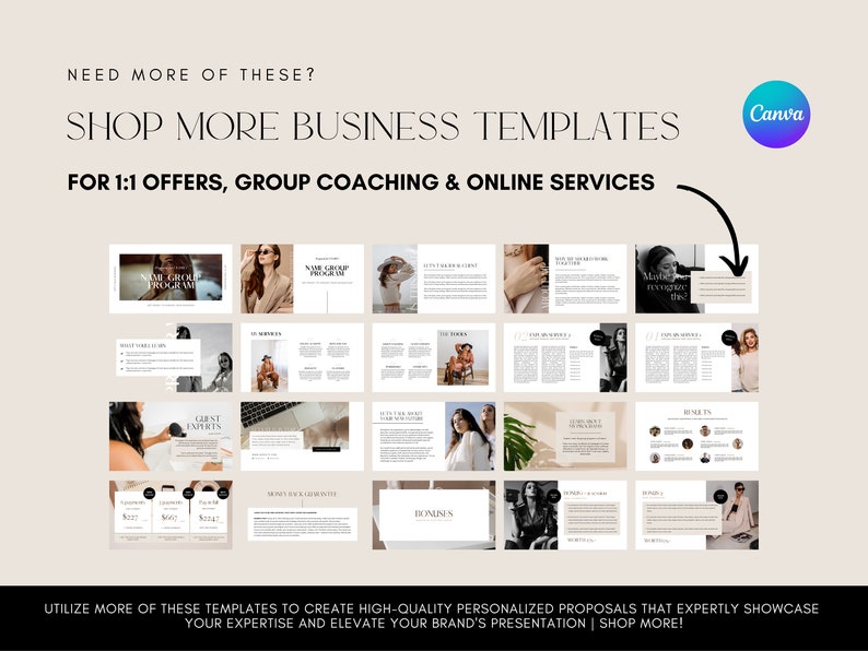 May include: A collection of business templates for 1:1 offers, group coaching, and online services. The templates feature a minimalist design with a neutral color palette of beige and white. The templates include sections for "Name Group Program", "Guest Experts", "Money & Services", and "Bonuses".
