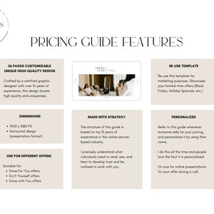 May include: A pricing guide template with a beige background and black text. The template is divided into six sections, each with a different feature. The features include: 26 pages customizable unique high-quality design, dimensions, use for different offers, made with strategy, personalized, and re-use template.