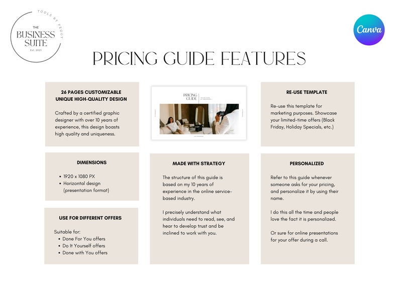 May include: A pricing guide template with a beige background and black text. The template is divided into six sections, each with a different feature. The features include: 26 pages customizable unique high-quality design, dimensions, use for different offers, made with strategy, personalized, and re-use template.