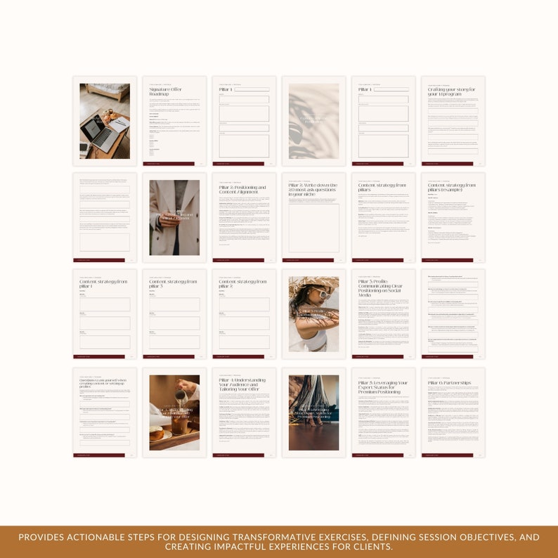 May include: A workbook with a brown and white color scheme. The workbook is titled "Content Strategy from Pillar to Post" and includes a series of worksheets and exercises for creating impactful client experiences.
