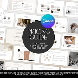 May include: A pricing guide template for online service-based businesses. The template features a minimalist design with black and white text on a beige background. The text includes the words "Pricing Guide" and "For Online Service-Based Businesses".
