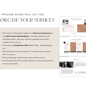 May include: A pricing guide for online services with tips on showcasing limited-time offers, done-for-you services, and bonuses. The guide includes a section on using the guide to personalize pricing for each customer.
