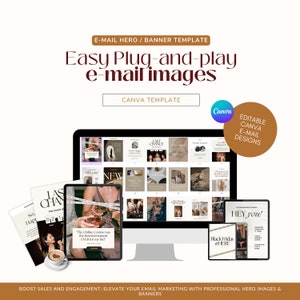 May include: A computer screen displaying a collection of email banner templates in a minimalist style with a neutral colour palette. The templates feature images of people, coffee cups, and text overlays. The text on the screen reads "Easy Plug-and-play e-mail images" and "Canva Template".