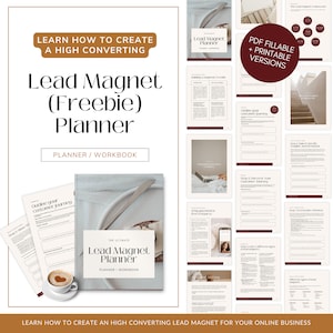 Puede incluir: Un planificador digital con fondo blanco y detalles en color burdeos. El planificador se titula "The Ultimate Lead Magnet Planner" e incluye secciones para crear un imán de clientes potenciales, delinear un recorrido del cliente y crear diferentes tipos de imanes de clientes potenciales. El texto "LEARN HOW TO CREATE A HIGH CONVERTING LEAD MAGNET FOR YOUR ONLINE BUSINESS" está en la parte inferior de la página.