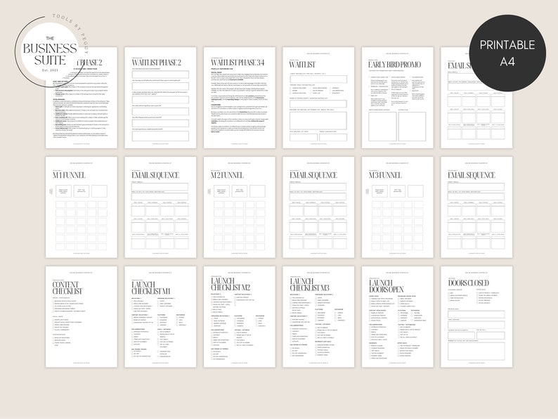 May include: A printable A4 sheet with a black and white design, featuring a checklist for launching a business. The checklist includes sections for content, email sequences, launch checklists, and doors open and closed.