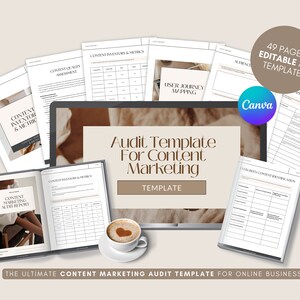 May include: A digital mockup of a 49-page content marketing audit template for online businesses. The template is designed to help businesses assess their content marketing strategy and identify areas for improvement. The template includes sections on content inventory, content quality assessment, user journey mapping, and content distribution.